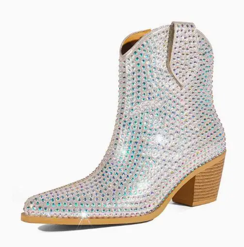 Sliver Black Full Colorful Crystal Rhinestone Wood Square Med Heels Ankle Boots Women Cowboy Zipper Side Cool Short Booties