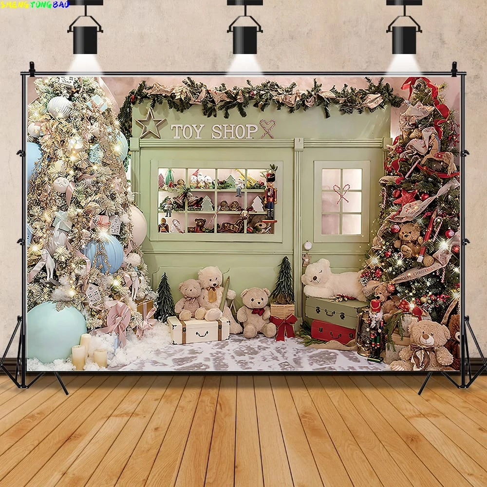

Vinyl Custom Christmas Tree Window Wreath Photography Backdrop Wooden Doors Snowman Cinema Pine New Year Background Prop ANT-07