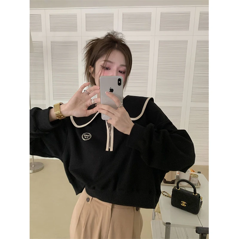 MEXZT Streetwear Cropped Sweatshirt Women Sweet Preppy Patchwork Pullovers Harajuku Korean Peter Pan Collar Casual Hoodies Tops