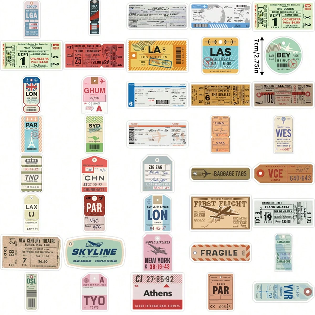 40 Vintage Travel Ticket Stickers in the Style of Old Luggage Tags, with Global City Airport Code Elements, for DIY Journaling and Decoration Materials