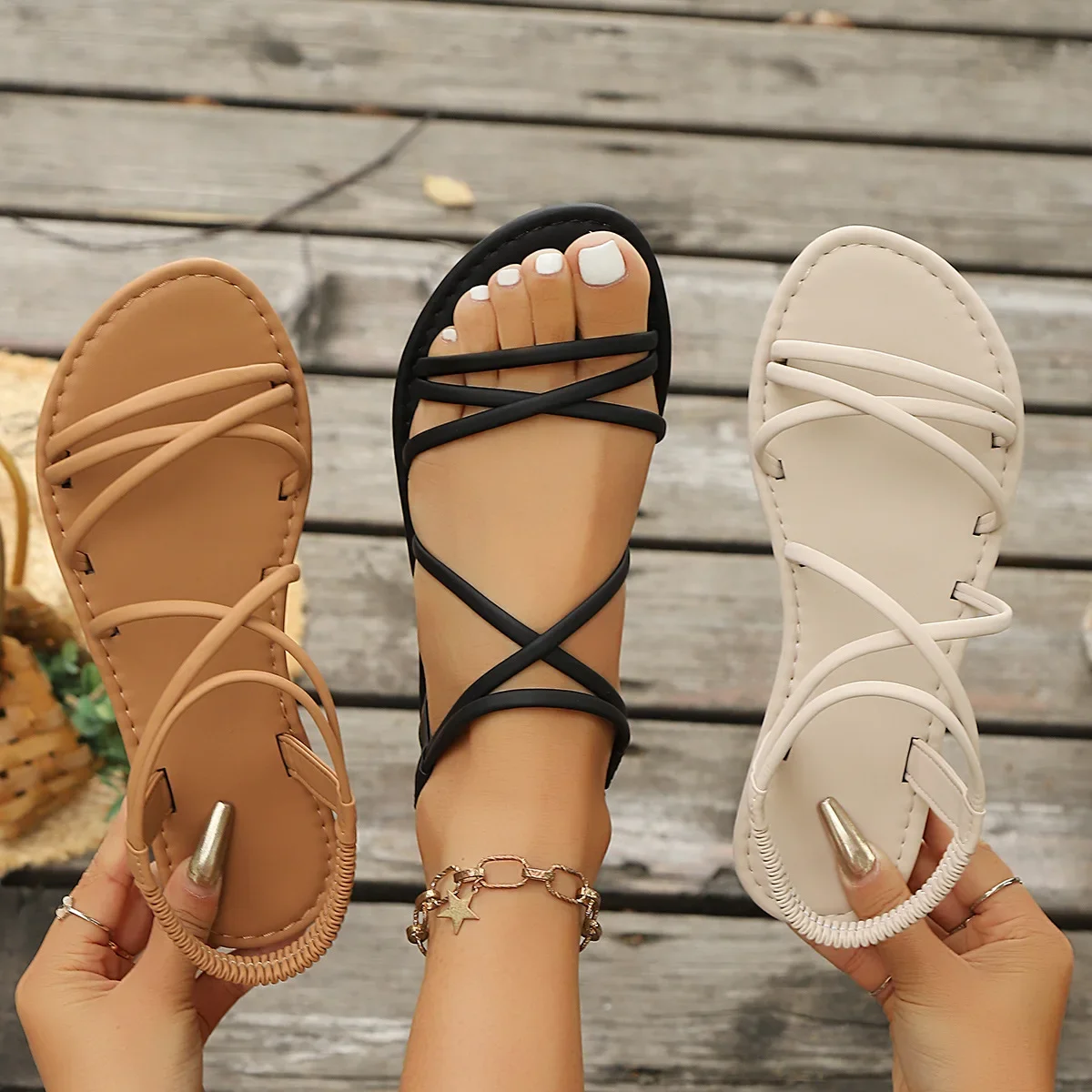 Sandalias de fondo plano para mujer, zapatos sin cordones con correa elástica para playa romana, falda de cuento de hadas, ropa para exteriores a juego, novedad de 2025