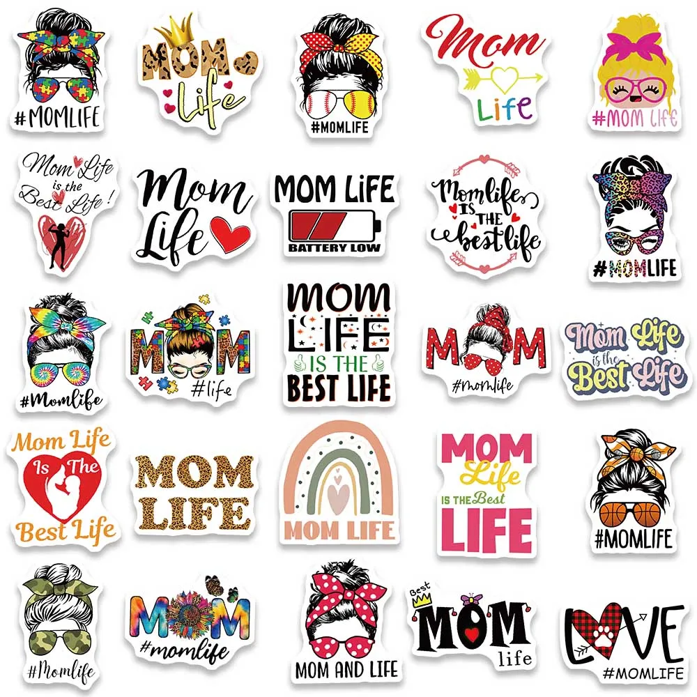 50PCS Mom Life Graffiti Cartoon Vinyl  Funny Stickers Decals for Water Bottle Laptop Skateboard Scrapbook Luggage Kids Toy