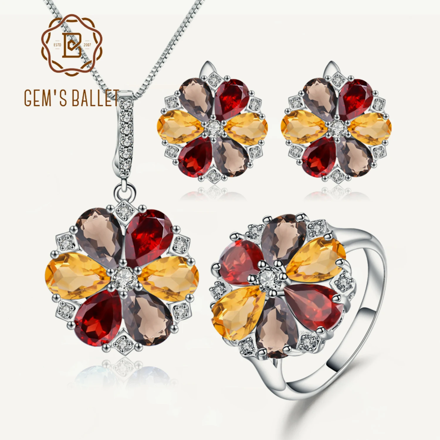 

GEM'S BALLET 925 Sterling Silver Ring Earrings Pendant Set Natural Garnet Smoky Quartz Citrine Jewelry Set For Women Wedding