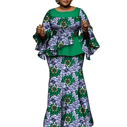 African Clothes for Women 2 Pieces Outfits Set African Print Pleated Tops and Long Skirts Traditional Clothing Party WY10413