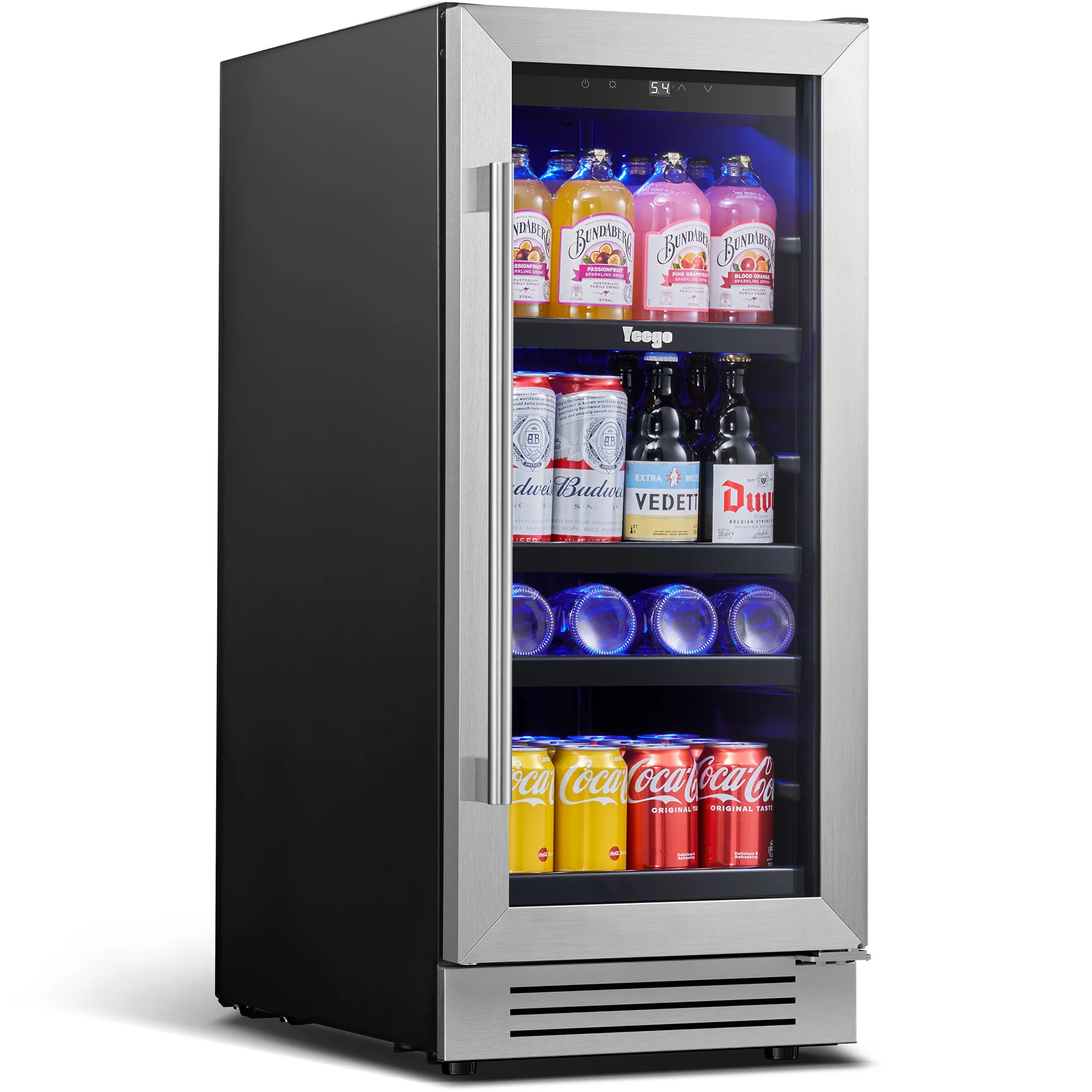 Yeego 85L Beverage & Wine Cooler – Sleek Stainless Steel Fridge with 80-Can Capacity, Adjustable Temperature, and Secure Lock