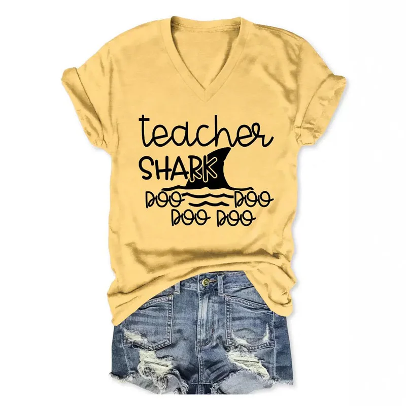 New fashion summer women's cotton teacher shark boo Shark print cute retro V-neck T-shirt short sleeve