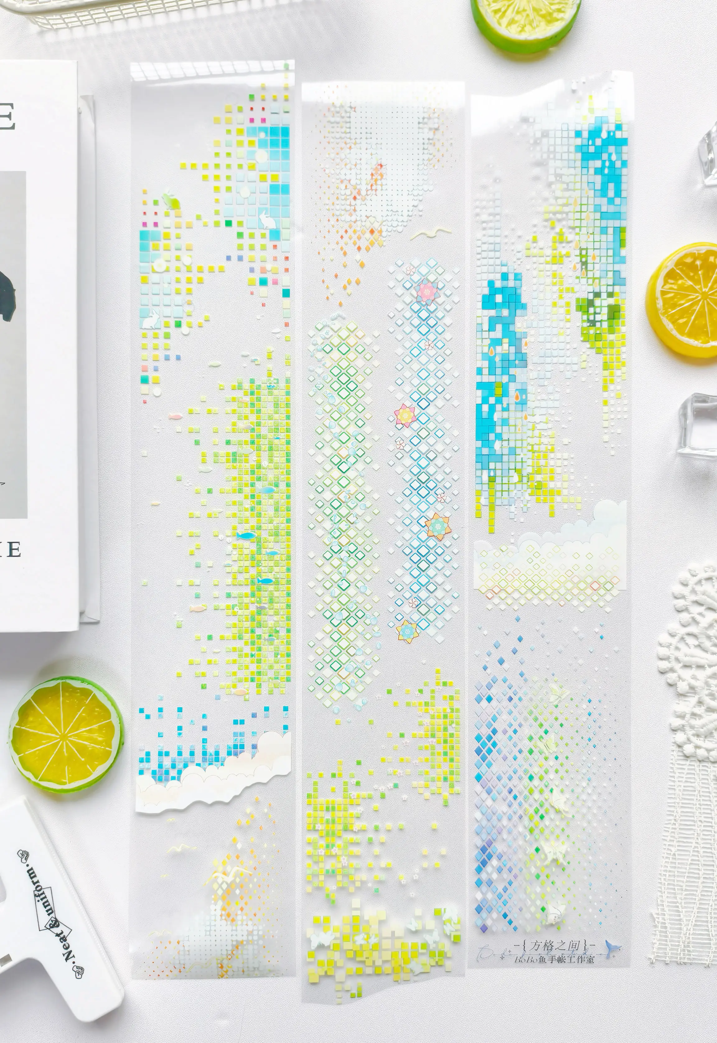 Bobo Fish Grid Between Modern Large Background Washi Tape, Pre-Cut PET Sticker for Journaling Scrapbooking DIY Craft