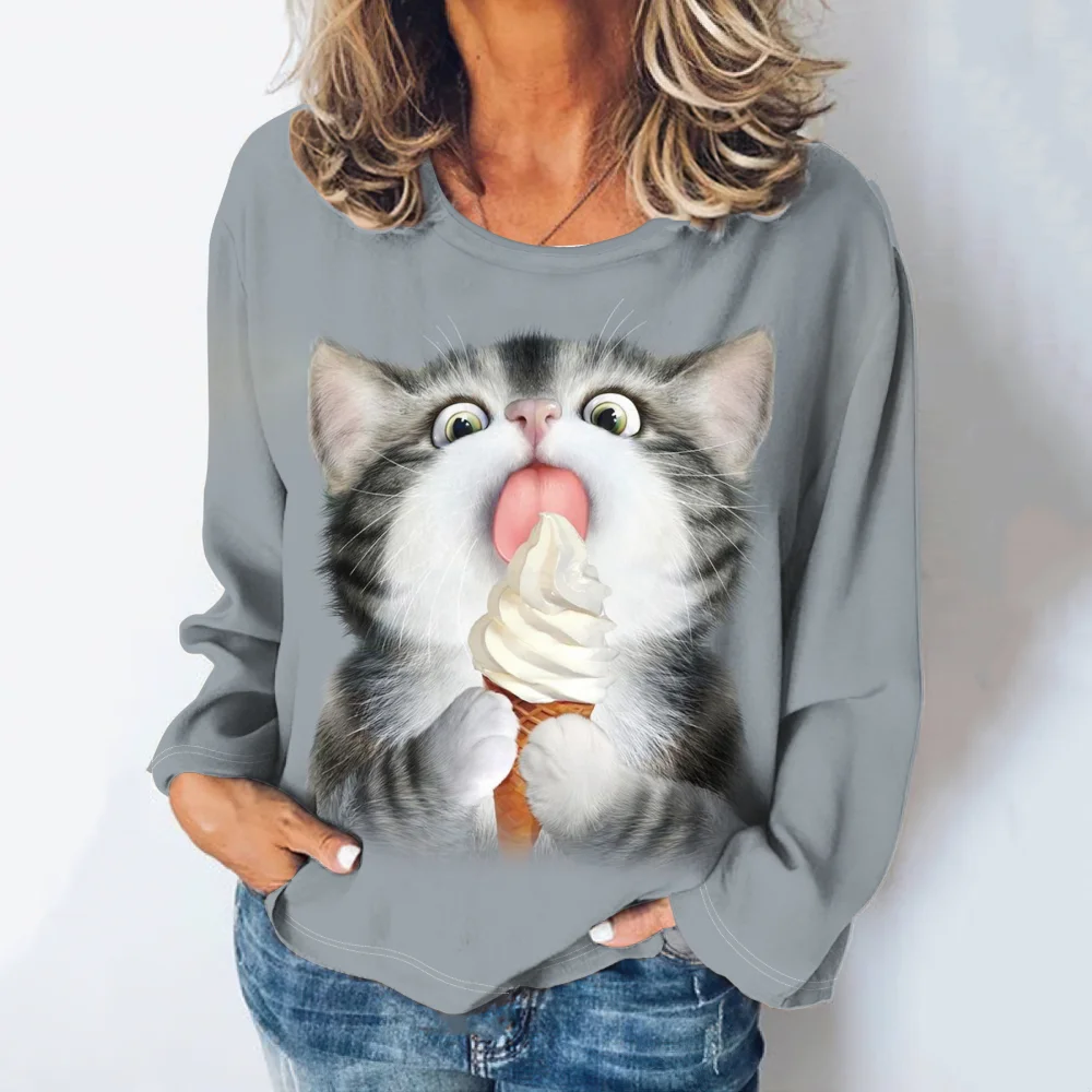 Fashions Women\'s T-Shirts Cute Kitten Print Girl Summer Harajuku Loose Casual Clothing Kawaii Round-Neck Long Sleeve T-Shirts