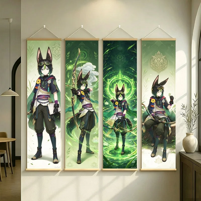 Hanging Scroll Wall Art of Genshin Impact Tighnari with Green Botanical Motifs on Silver Shimmer Canvas for an Anime Bedroom