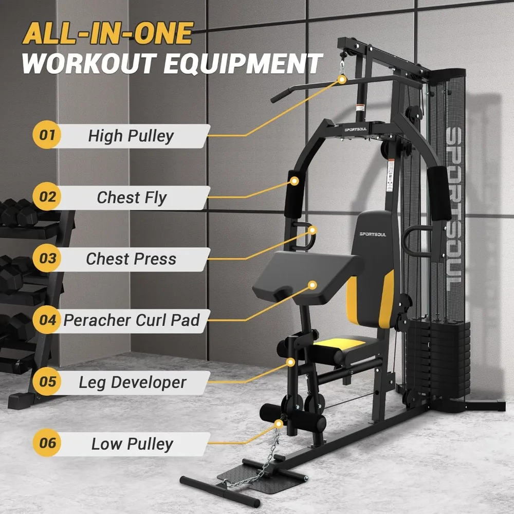 Multifunctional Home Gym Workout Equipment, 6 Workout Stations with 125LBS Weight Stack, Total Gym Exercise and Traini