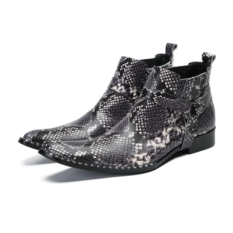 

Luxury Real Leather Snake Skin Pattern Ankle Boots For Men High Top Mens Dress Shoes Pointed Toe Low Heels Chaussure Hommes