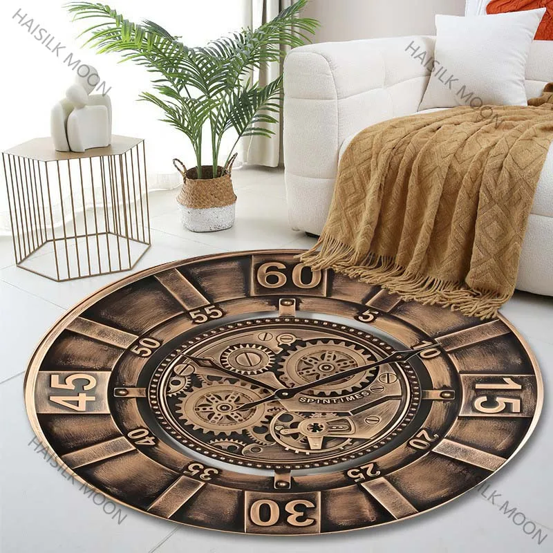 1PC Vintage gear wall clock face Print Round Carpet for Living Room Bedroom Sofa Table Floor Mat Area Rug Luxury Gift
