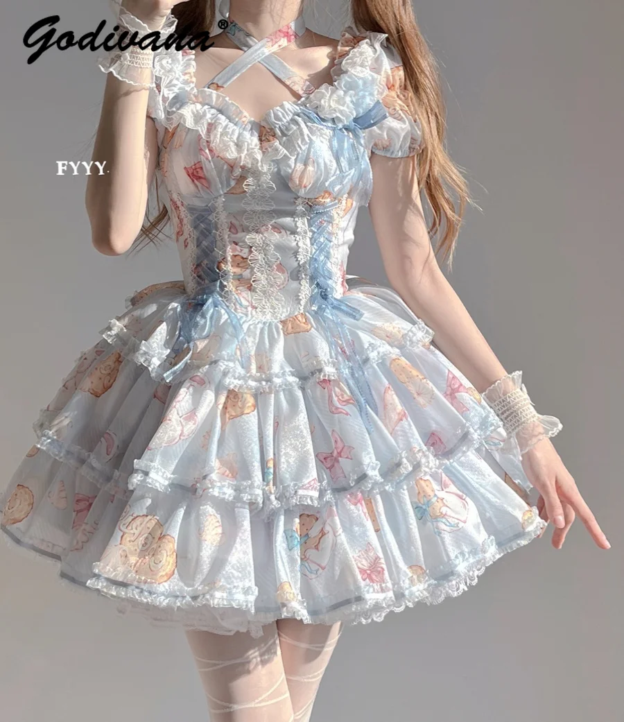 Lolita Op Dress Original Spring and Summer Women's Sweet Short-sleeved Cartoon Printed Three-segment Princess Dresses