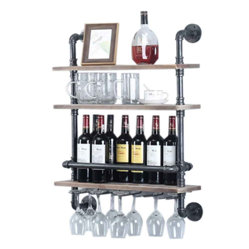 Industrial Bottle Shelf Wine Rack Wall Mounted Shelves with Stem Glass Holder Dining Room Wine Shelf, Real Wood