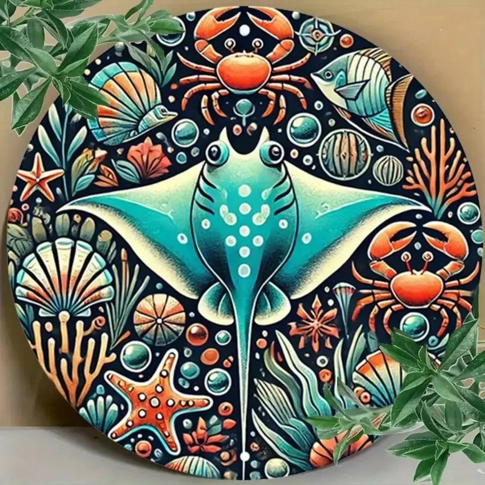 Vintage Manta Ray Ocean Metal Sign - Nautical Design with Starfish Coral Seahorse, Pre-drilled for Indoor/Outdoor Home Decor