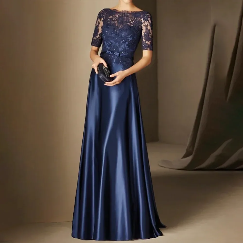 Vestido de noche Formal elegante azul marino oscuro sencillo, manga corta, escote redondo, encaje satinado, corte en A, largo hasta el suelo, vestido de fiesta de graduación