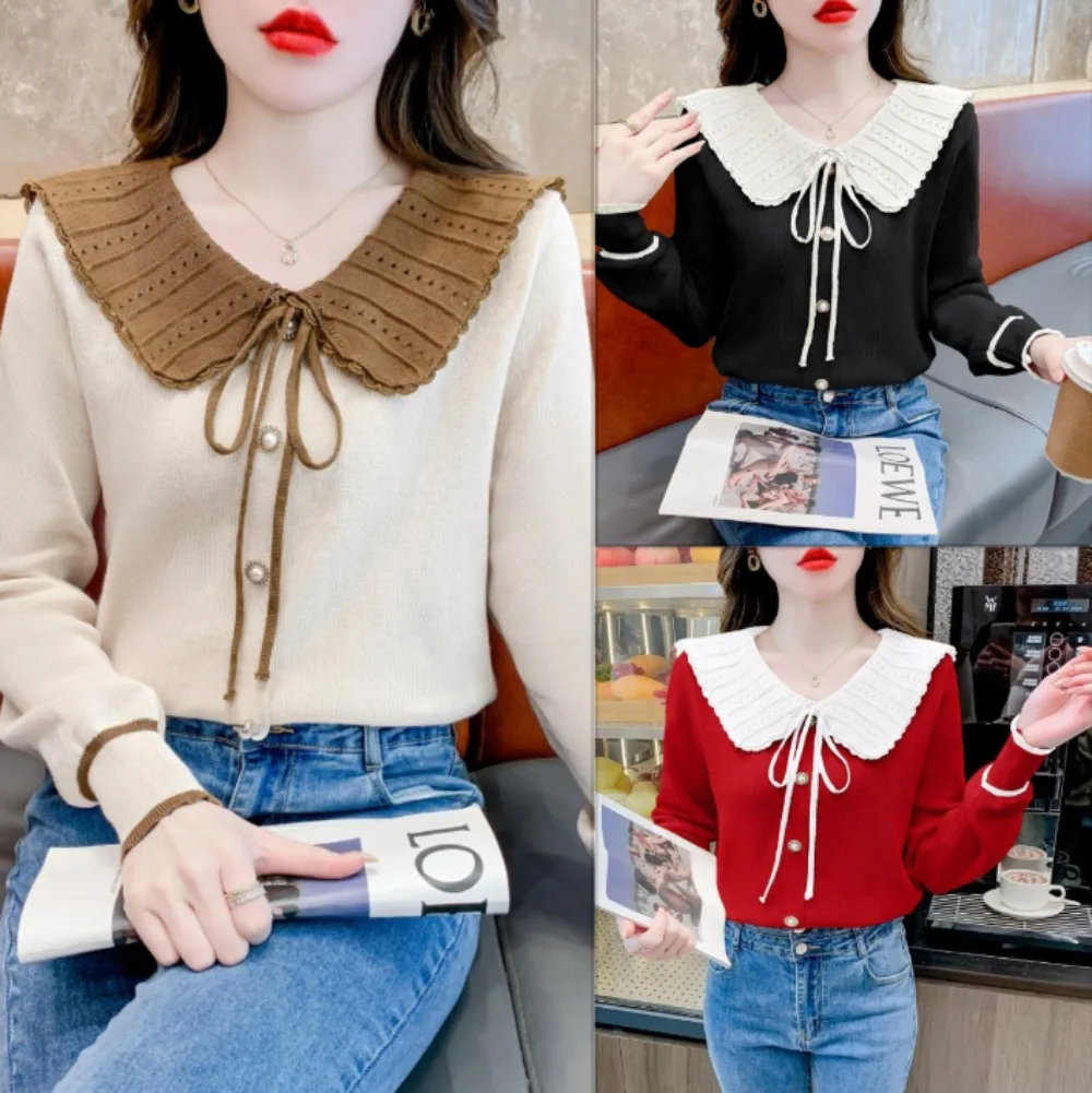 

Fashion Doll Collar Contrast Color Knitted Sweater Women Slim Casual Long Sleeve Bow Top Jumper Pullover