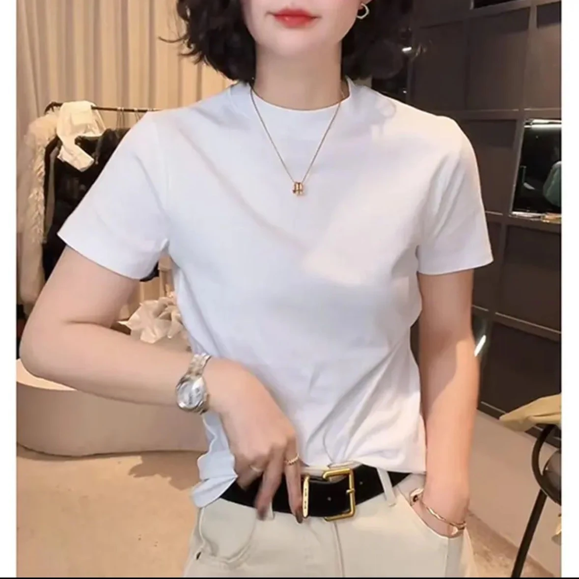 New Semi-high-necked Cotton Short-sleeved Women's Stand-up T-shirt Joker Loose Sleeve Top Slim Bottom