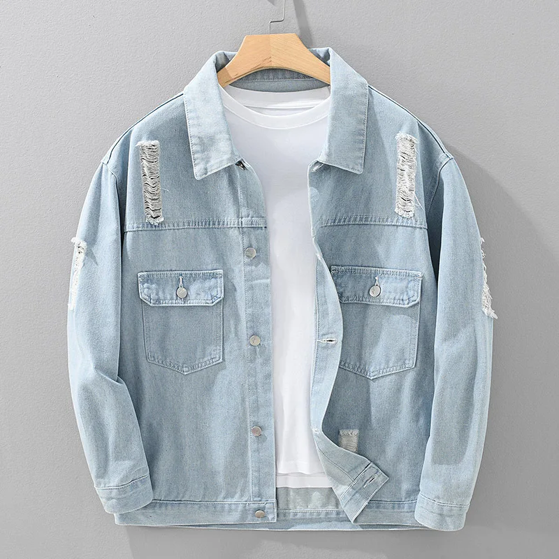 

New spring and autumn men's denim jacket trendy men's worn washed denim jacket Korean style loose top