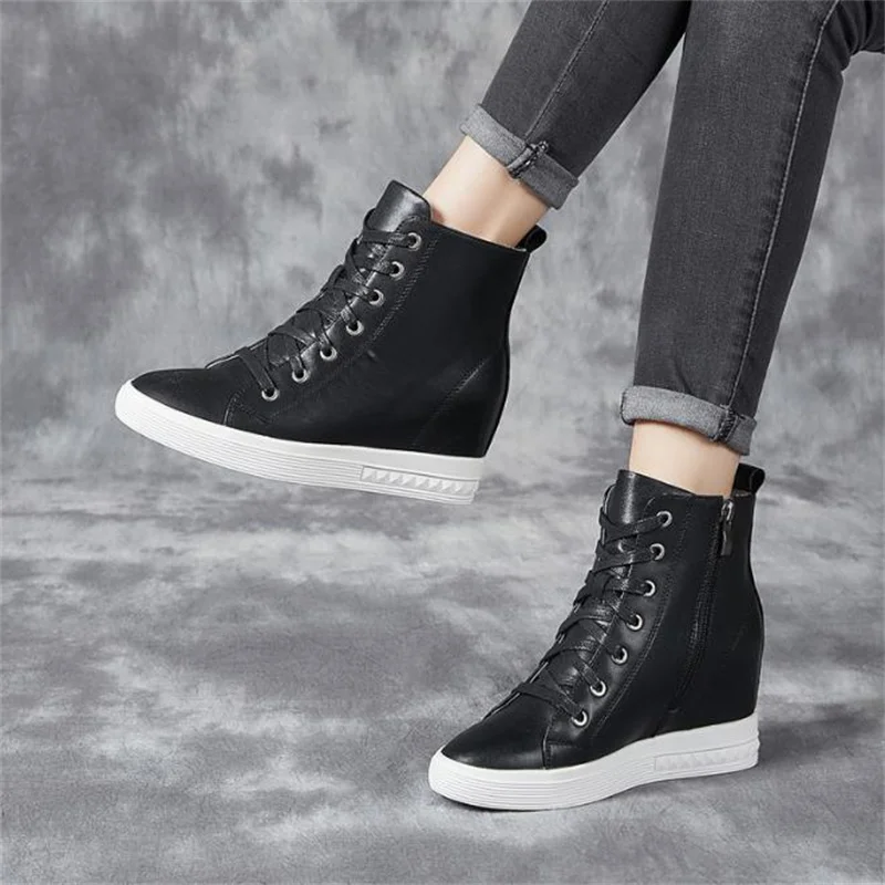 7cm Vulcanized Shoes Women Wedge Sneakers Designer Hidden High Heels Sneakers Winter Fur Warm Lace-up Black Shoes Ladies