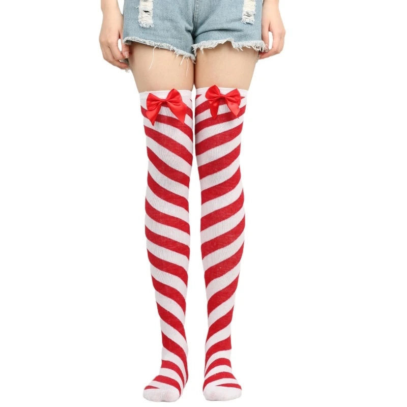 Women Striped Stocking Over The Knee Long Christmas Green Red Socks Bowknot