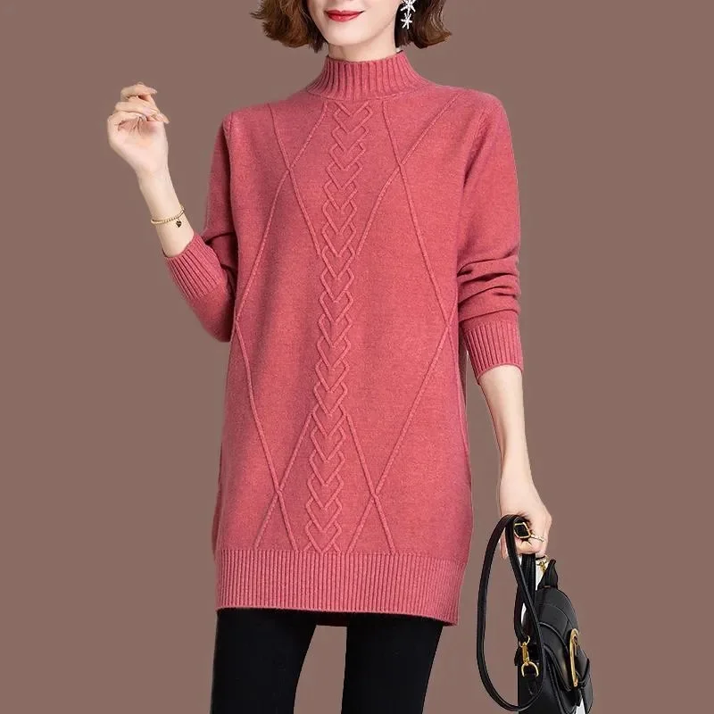 Mid Long Women\'s Half High Neck Sweater Pullover New Autumn Winter Warm Solid Knitted Sweater Jumper Female Tops Bottoming Shirt