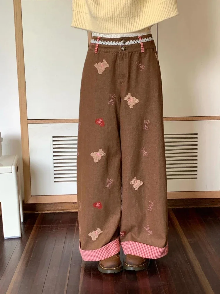 

Plaid Cartoon Embroidery Jeans Women Y2k Casual Baggy Lace Spliced High Waist Denim Pants Streetwear Mujer Trousers