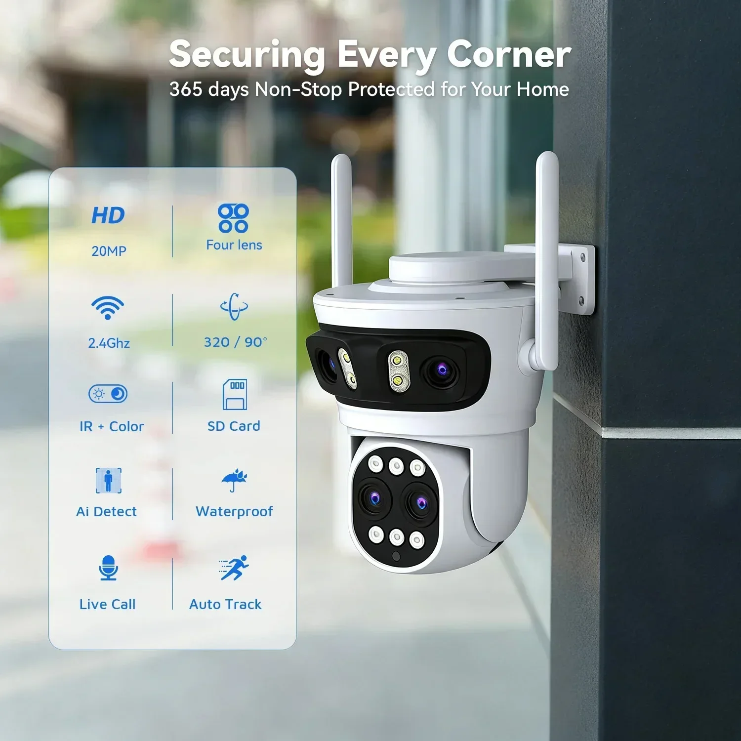 Securexpert 20MP WiFi PTZ Camera Three Screens 180° Wide Angle Auto Tracking 10X Digital Zoom 15MP Security Protection O-Kam Pro
