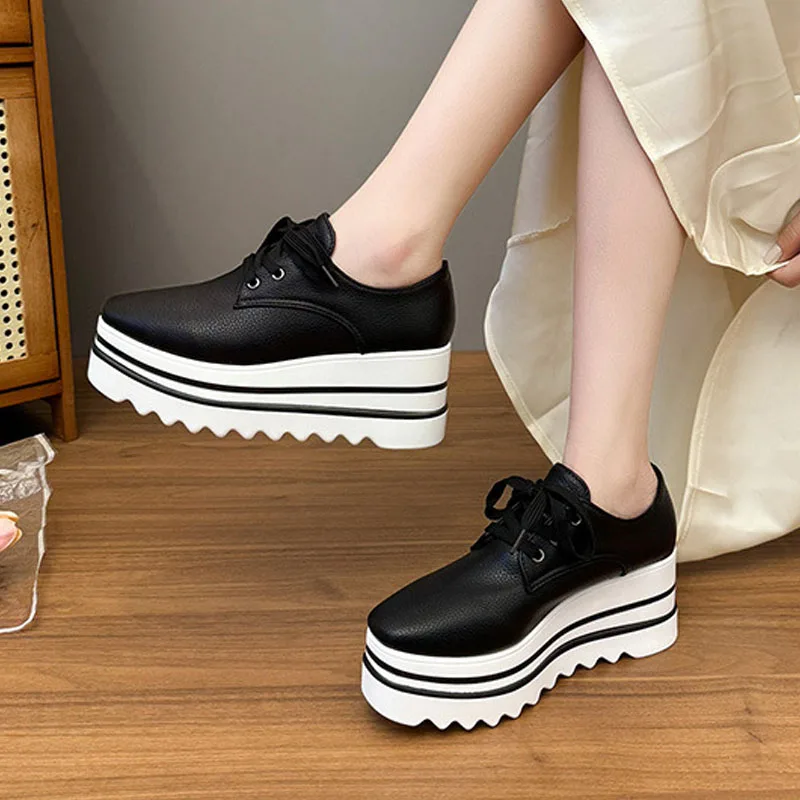 

Spring Autumn Women's Fashion Platform Wedge Heels Thick-soled Shoes British Synthetic Leather Oxford Shoes Casual High Heels