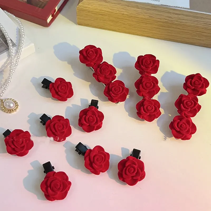 Red Rose Flower Hairpins Clip Rose Hair Clips Fringe Clip Retro Hairclip Hair Accessories for Women Girls Party Gift