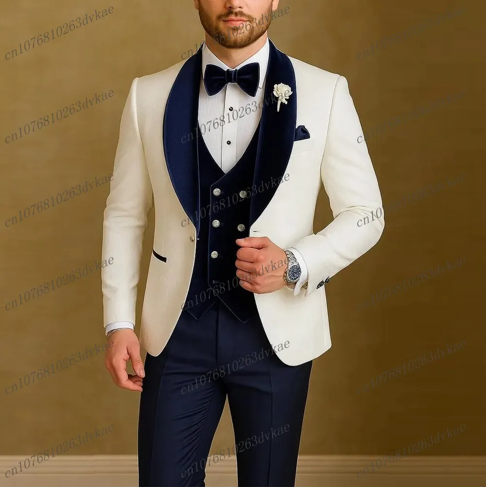 

White And Navy Blue Formal Business Men Suit Groom Groomsman Wedding Party Prom Male Tuxedos 3 Piece Set Blazer Vest Pants