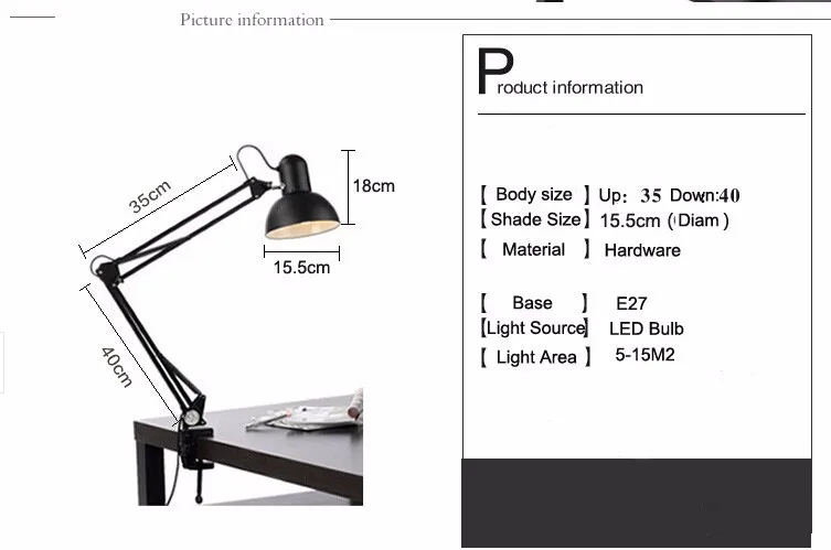 Imagem -04 - Lâmpada de Mesa Dobrável Longo Braço Candeeiro de Mesa Led Ferro Americano Leitura Escritório Estudo 110v 220v E27