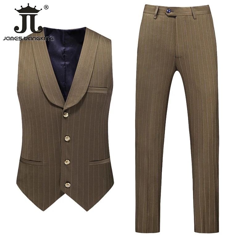 ( Jacket + Vest + Pants ) High-end Brand Formal Business Men\'s Suit Three-piece Groom Wedding High-end Brand Luxury Striped Suit