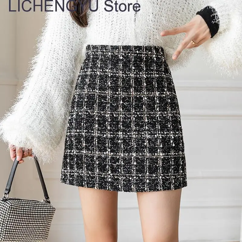 New Autumn Spring Tweed Skirts For Women Solid High Waist Slimming A-Line Skirts Buttons Wool Vintage Plaid Pencil Mini Skirt