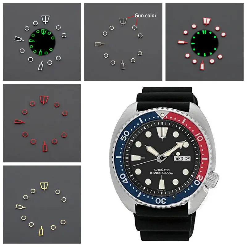 Índices luminosos verdes para esfera de reloj, marcadores de horas para Sub GMT SKX007 SKX009, accesorios para esfera de reloj de hombre, piezas de repuesto posventa.
