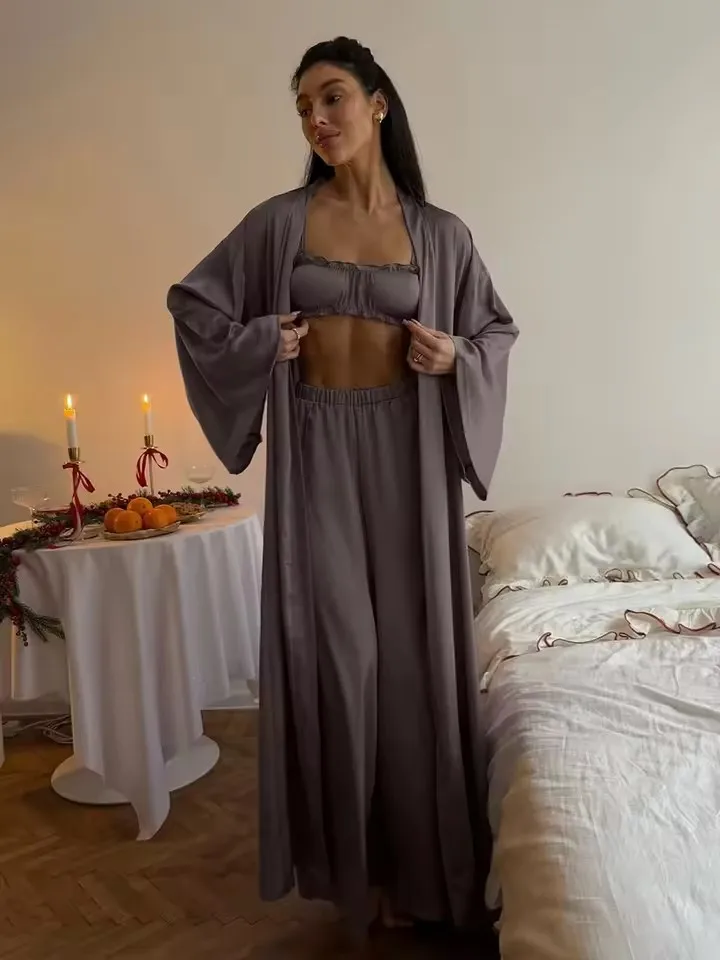 Casual Women Nightwear Set Long Sleeve Robe V-Neck Bathrobe Sleepwear Tank Tops Pajamas Shorts Nightgown 3 Piece Suit