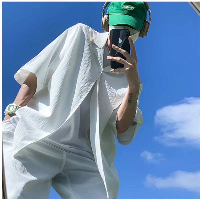 Summer Two-Piece Men\'s Sets Shirt and Shorts Casual Outfits Oversized Short Suit Plain Clothes Clean Fit Black White Green