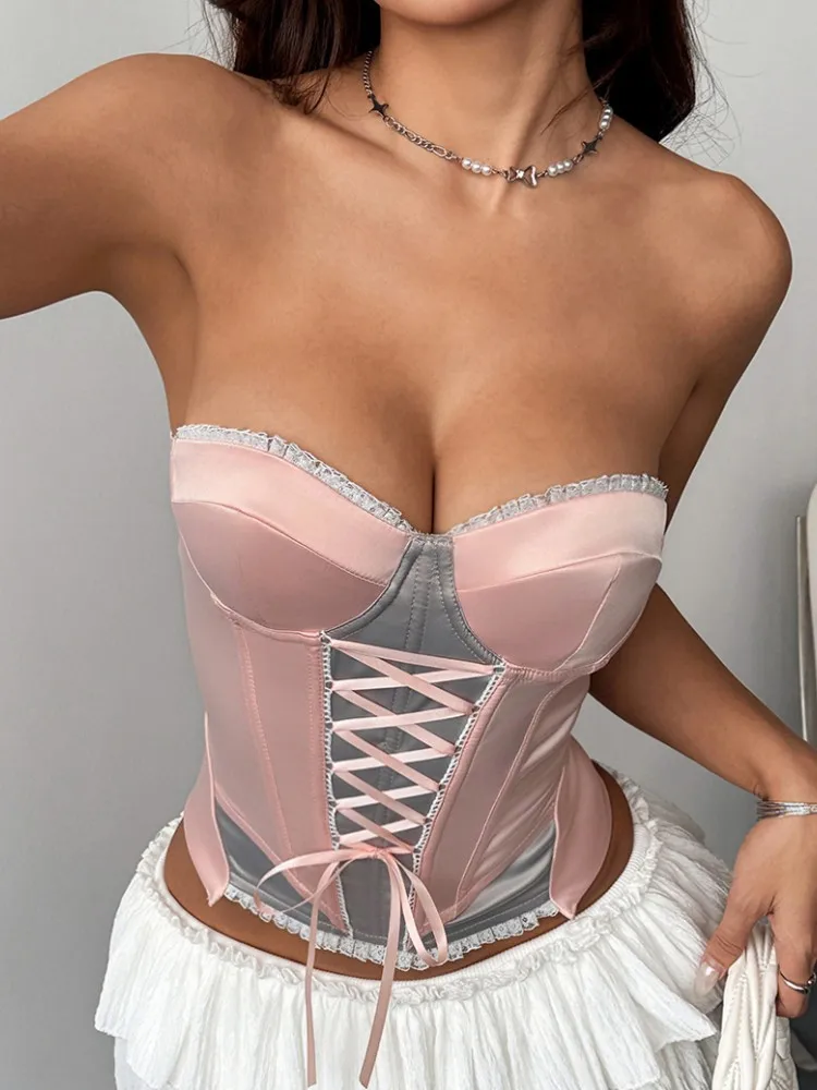 Pink Female Corset Top Women Camis Nightclub Lace Up Short Chest Binder Sexy Camisole Mujer Lingerie Tube Bra Debardeur