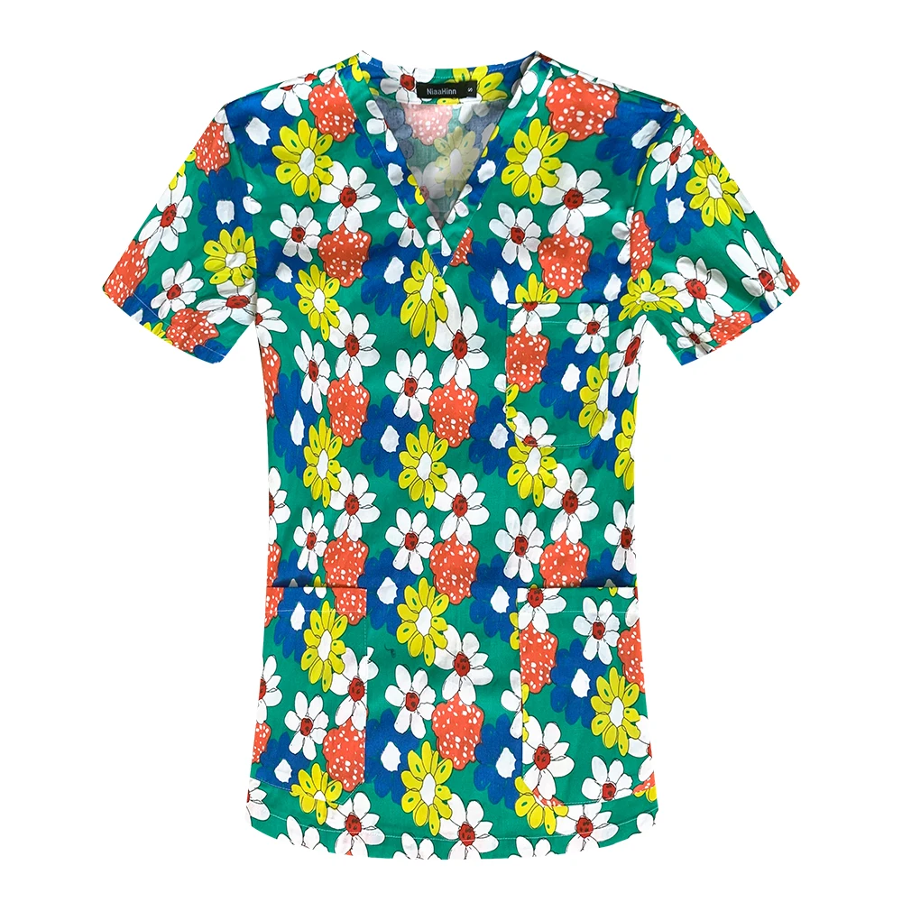 Uniforme clínico con bolsillo para mujer, Top Unisex de algodón con estampado de animales, camisa médica para Hospital, enfermería y médico, ropa de trabajo para hombre