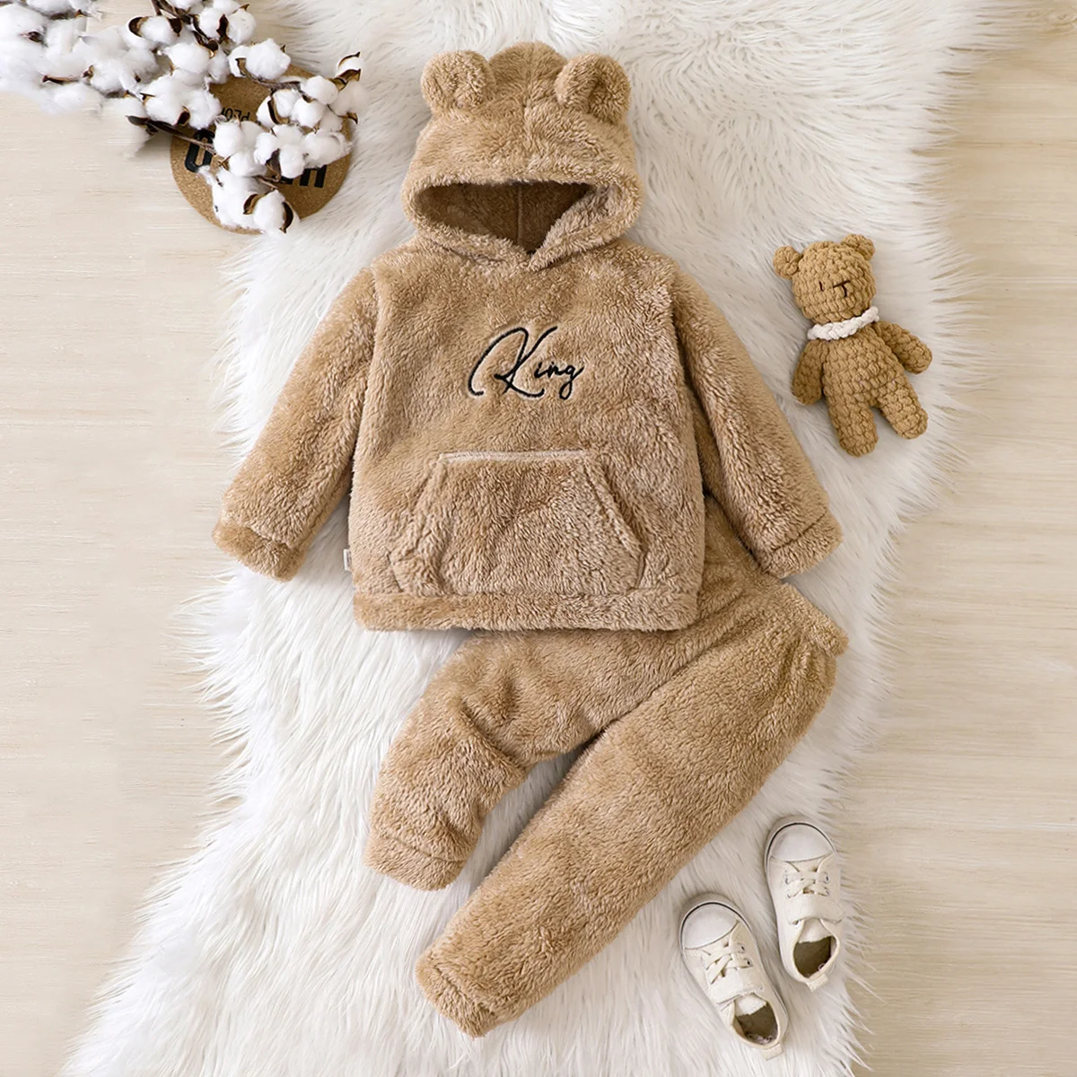 hibobi Two-Piece Suit Winter Children\'s Cotton Home Clothes Bear Shape Hooded Plush Suitable For Children Under One Year Old