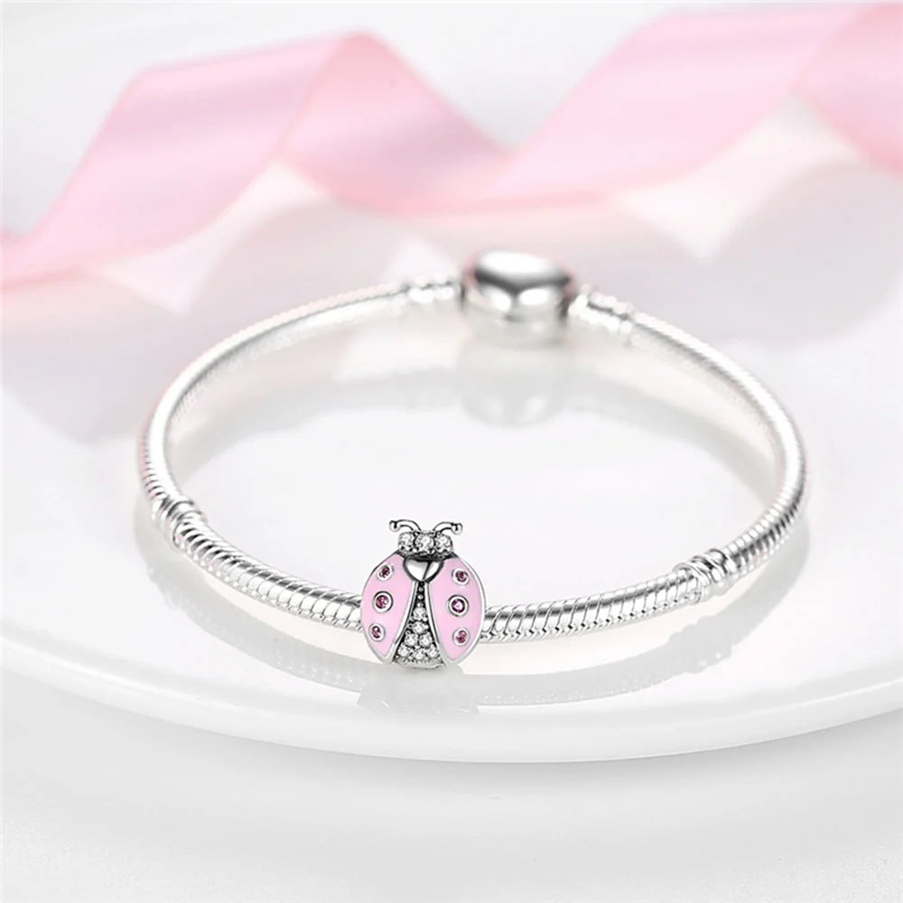 925 Silver Magnetic Opening Closing Horseshoe Clover Transfer Beads Pink Ladybug Charm Pendant Fit Diy Bracelet Birthday Gift