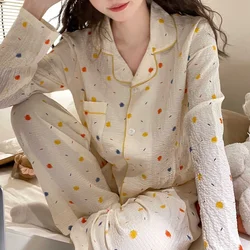 2024 Spring Autumn Long Sleeve Cotton Print Pajama Sets for Women Korean Loose Sleepwear Suit Homewear Pijama Mujer Home Clothes