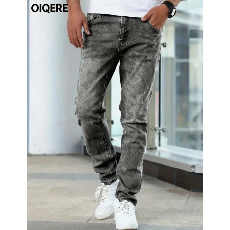 OIQERE Men Vintage Washed Smoke Gray Slim Straight Jeans Streetwear Distressed Casual Denim Long Trousers Fashion Daily Pants