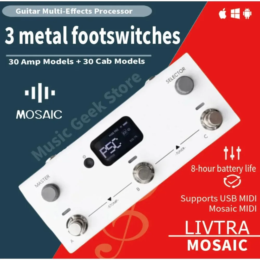 LIVTRA MOSAIC – Mobile FX for Creators – 3-Switch, 8hr Battery, 30 Amps/Cabs, IR/NAM, USB-C Rec, AI, Drum, APP. Play Anywhere.