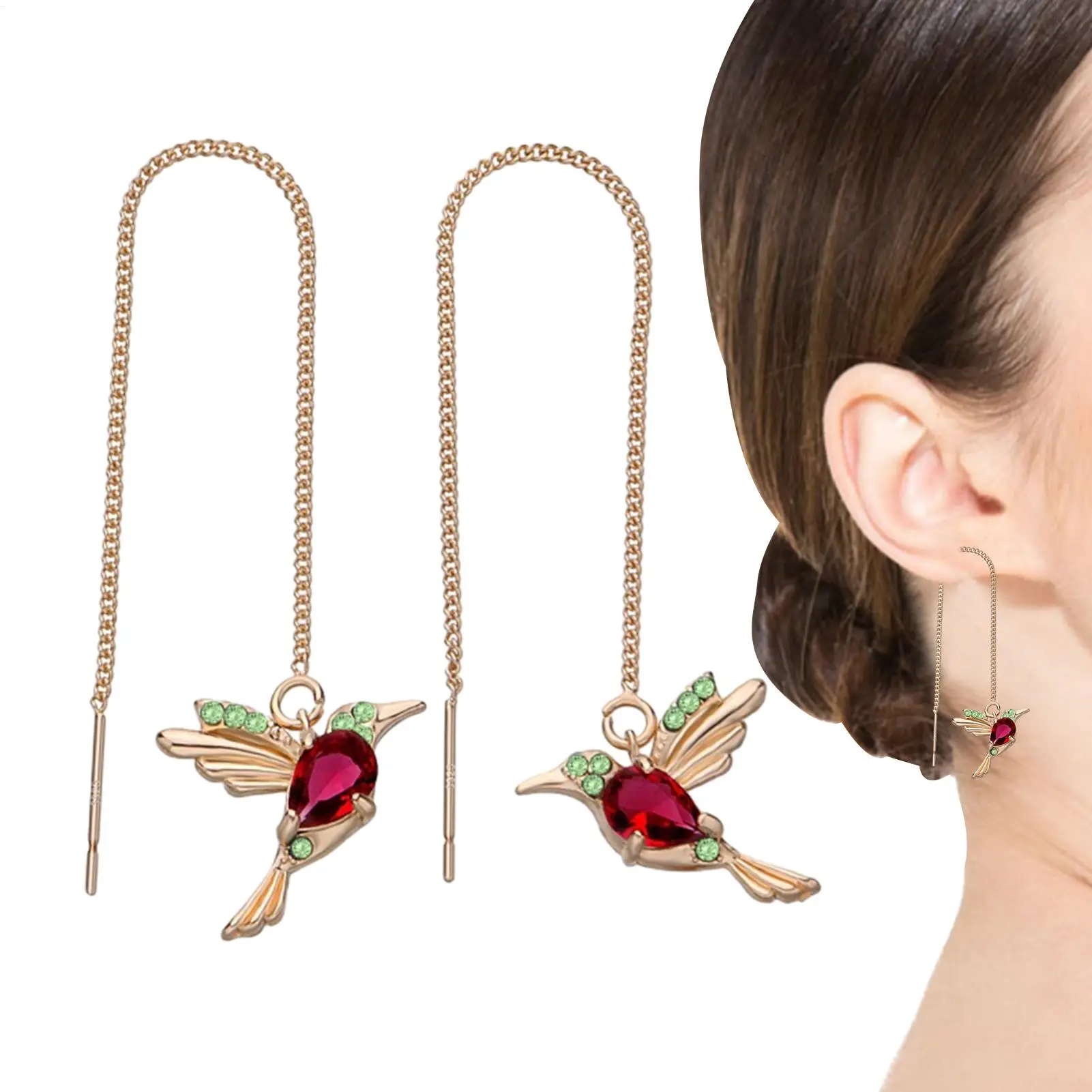 Fashion Earrings Hummingbird Pull Through Threader Earrings Pendant Necklaces Portable Light Weight Long Chain Drop Earrings