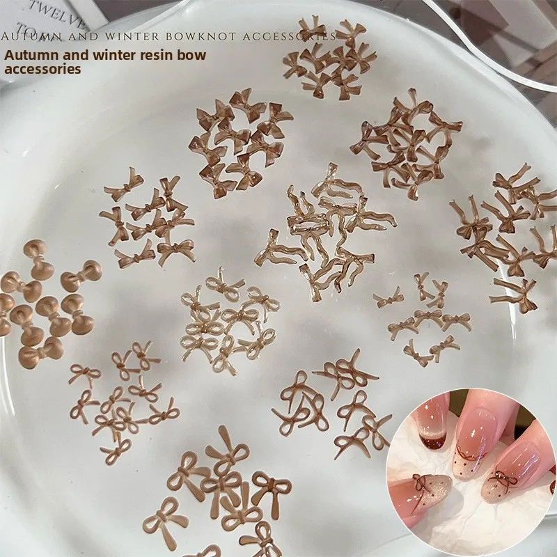 LYLE 50Pcs Autumn Winter Coffee Brown Bow Nail Art Charms Trendy Maillard Ribbon Wearable Resin Decor Mini Accessories Set