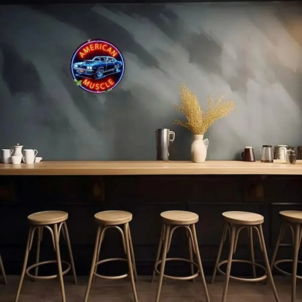 فن جداري نيون لسيارات العضلات الأمريكية: سحر عتيق لمنزل الشاطئ والبار الداخلي، هدية مثالية لمحبي السيارات