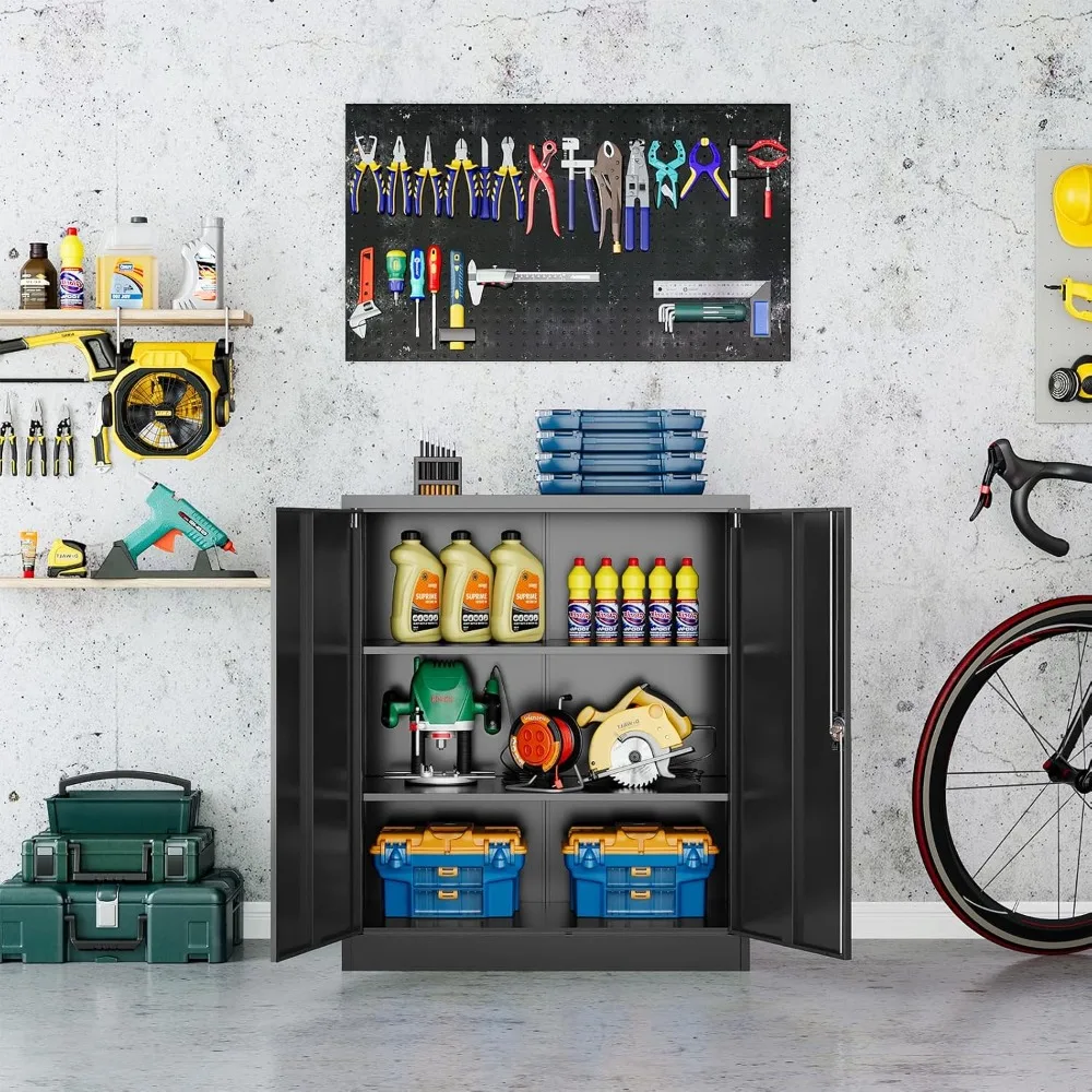 Metal Garage Storage Cabinet,Black Cabinet with Doors and Adjustbale Shelves,Lockable Tool Cabinet for Home Office