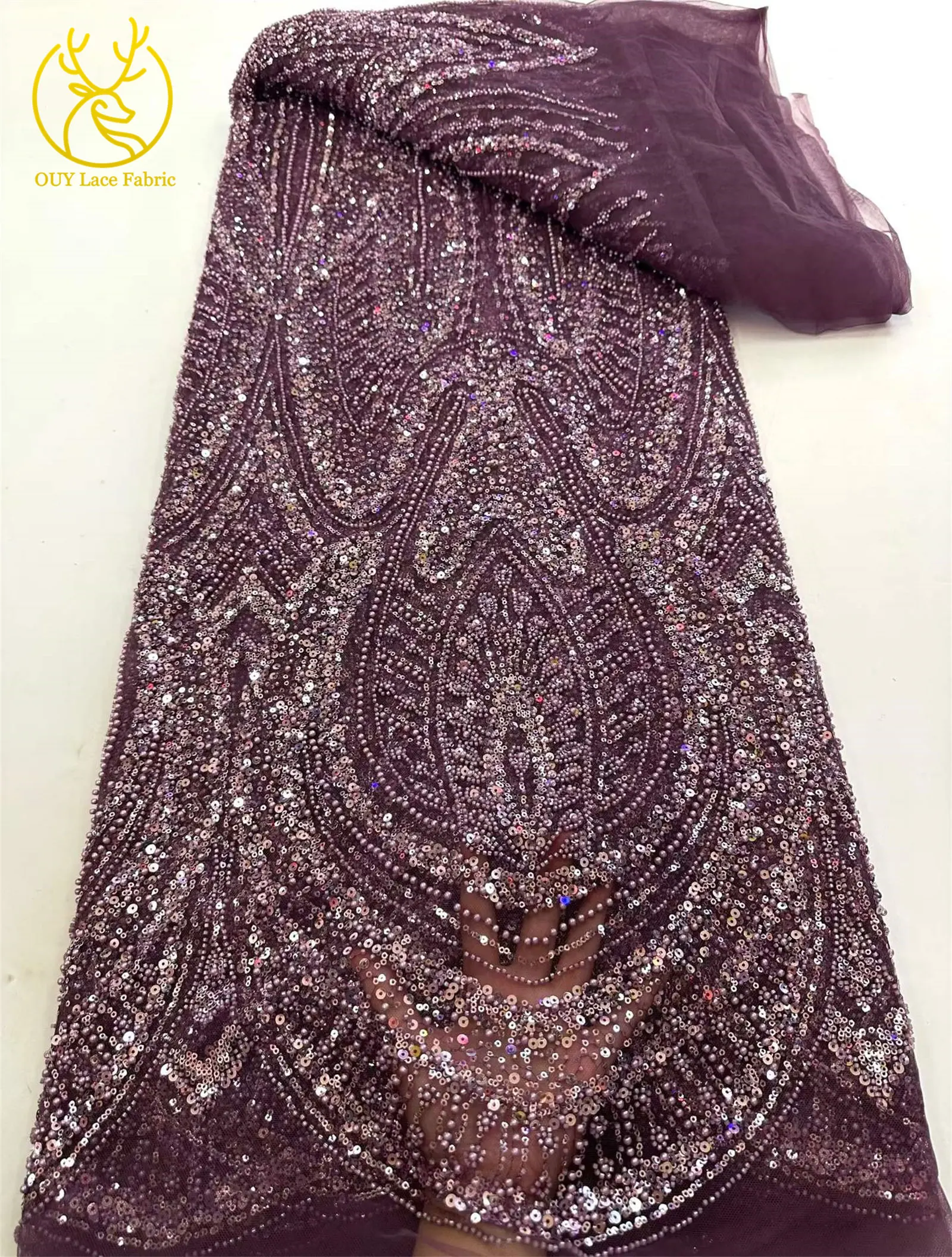 2026 Eleganter nigerianischer afrikanischer Bräutigam-Spitzenstoff mit Perlen, hochwertiger französischer Tüll-Pailletten-Spitzenstoff für Abendkleider, 5 Yards – Detail 15