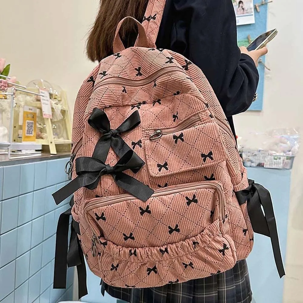 

Daypack Corduroy Bow Backpack Casual Silk Design Students School Bag Polyester Fixed Webbing Large Capacity Backpack School
